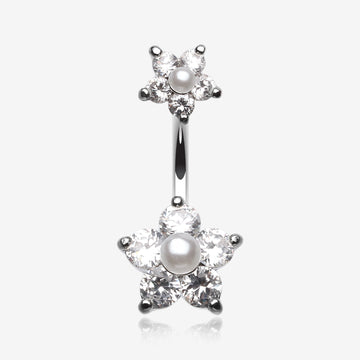 Pearl Bead Flower Sparkle Belly Ring-Clear Gem